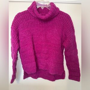 Handmade Women's Fuchsia Turtleneck Wool Sweater Size XS Asymmetric Longer Back